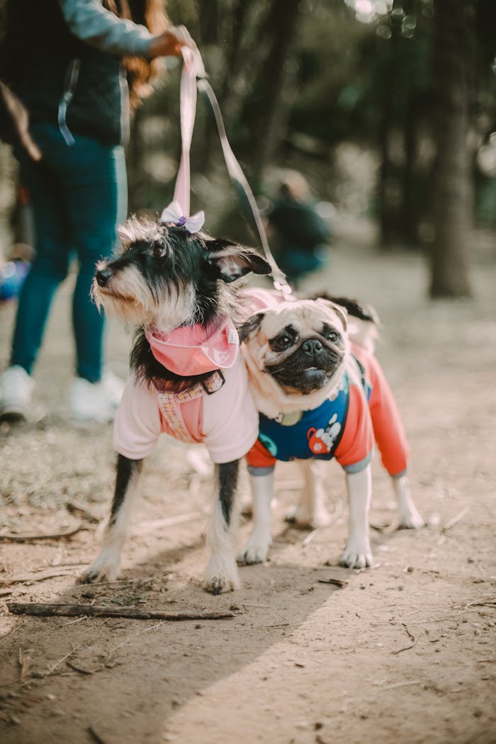 Two cute dogs in costumes at a São Paulo park enjoying a sunny day.