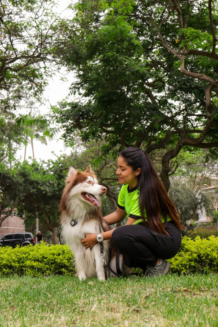 A woman kneels to pet her Siberian husky in a lush green park setting.